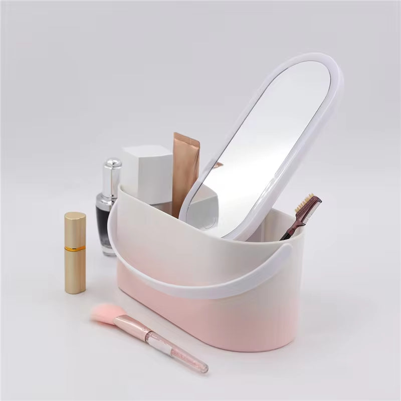 Makeup Organizer Box with LED Light Mirror Portable Travel Makeup Cosmetics Organizer Touch Light Storage Makeup Case H&JOY