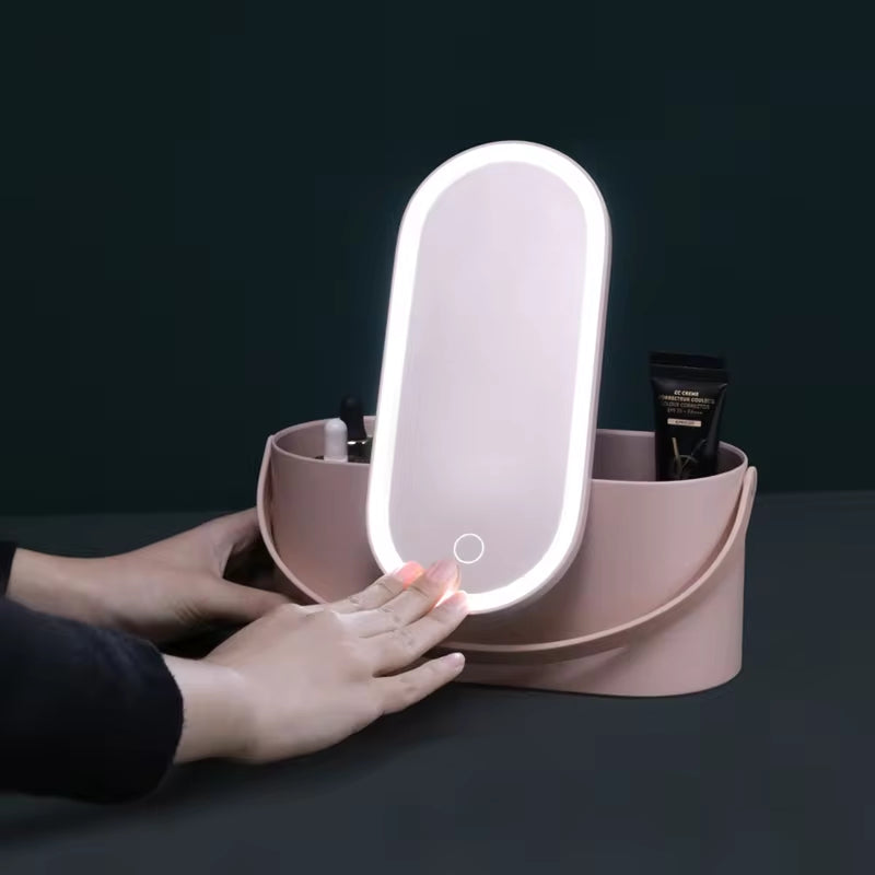 Makeup Organizer Box with LED Light Mirror Portable Travel Makeup Cosmetics Organizer Touch Light Storage Makeup Case H&JOY